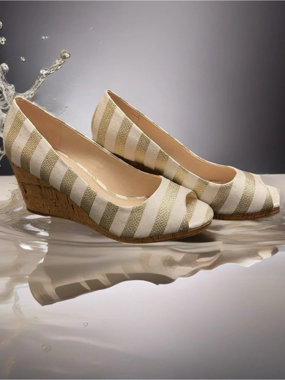 Wedge Peep-Toe Pumps in Cream and Gold Stripe
